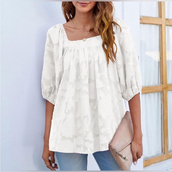 3/$25! NEW! White Floral Square Neck Short Puff Sleeve Flowy Boutique Top - Picture 3 of 7